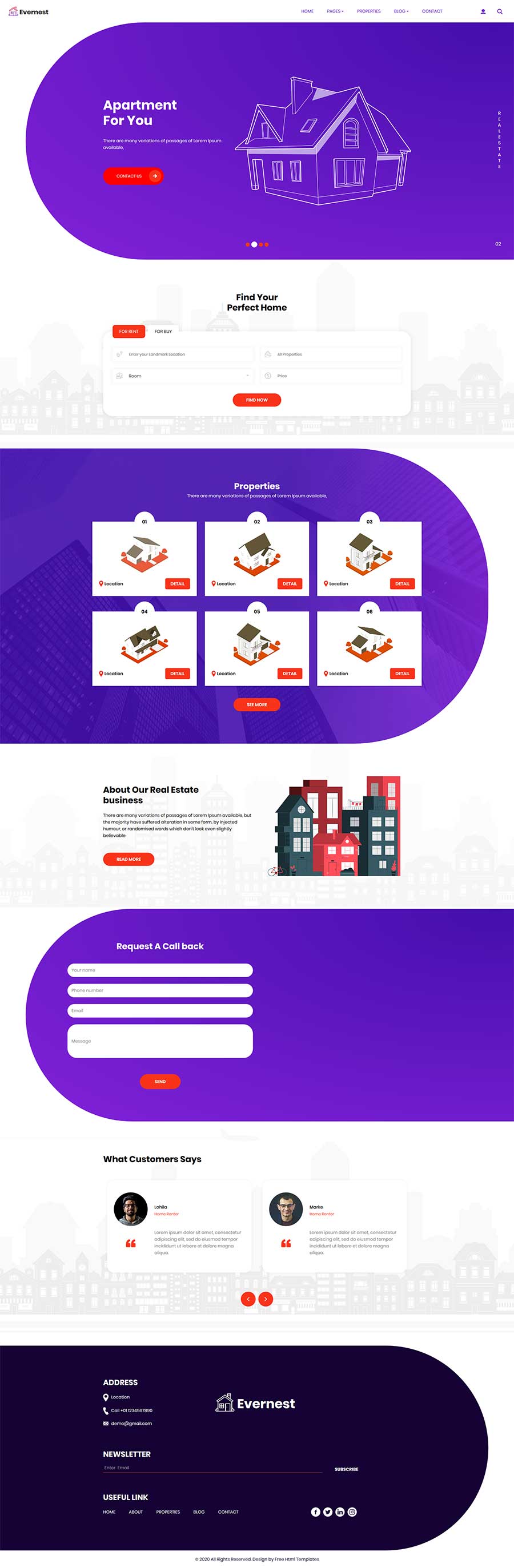 Bootstrap创意紫色房地产销售物业租赁公司网站模板