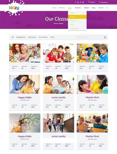 紫色卡通风格儿童教育培训网站模板下载