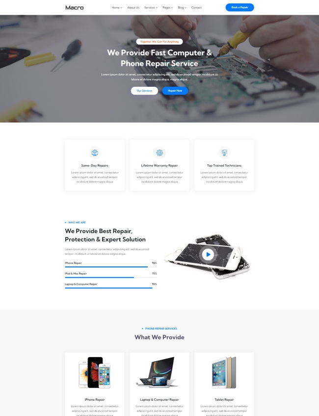 手机电脑电子产品专业维修服务公司html5模板