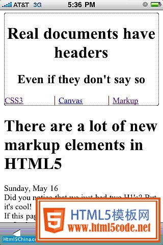 iPhone 上的新 HTML 5 元素 header、nav、article、section 以及 aside 的屏幕截图