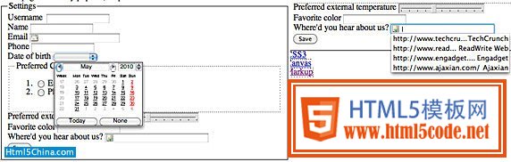 带有日期和数据列表的 HTML 5 输入的屏幕截图