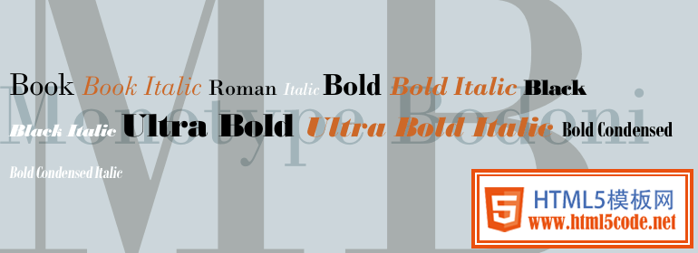 Bodoni Monotype: bold serif font for headings. 