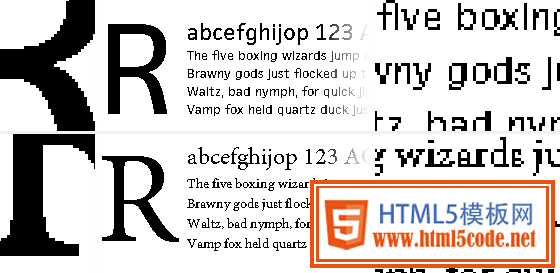 Above: GDI rendering of FacitWeb (above) and Minion Pro (below) with no antialiasing.